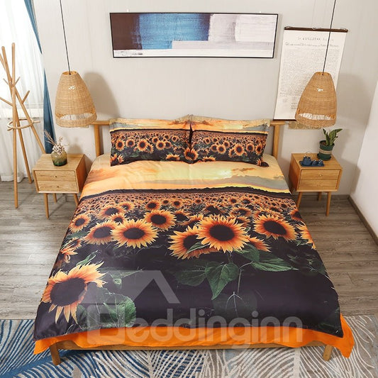 Sonnenblumen- und Sonnenuntergang-3D-Blumen-Bettwäsche-Set, 4-teilig, Bettbezug mit Reißverschluss, Gelb 
