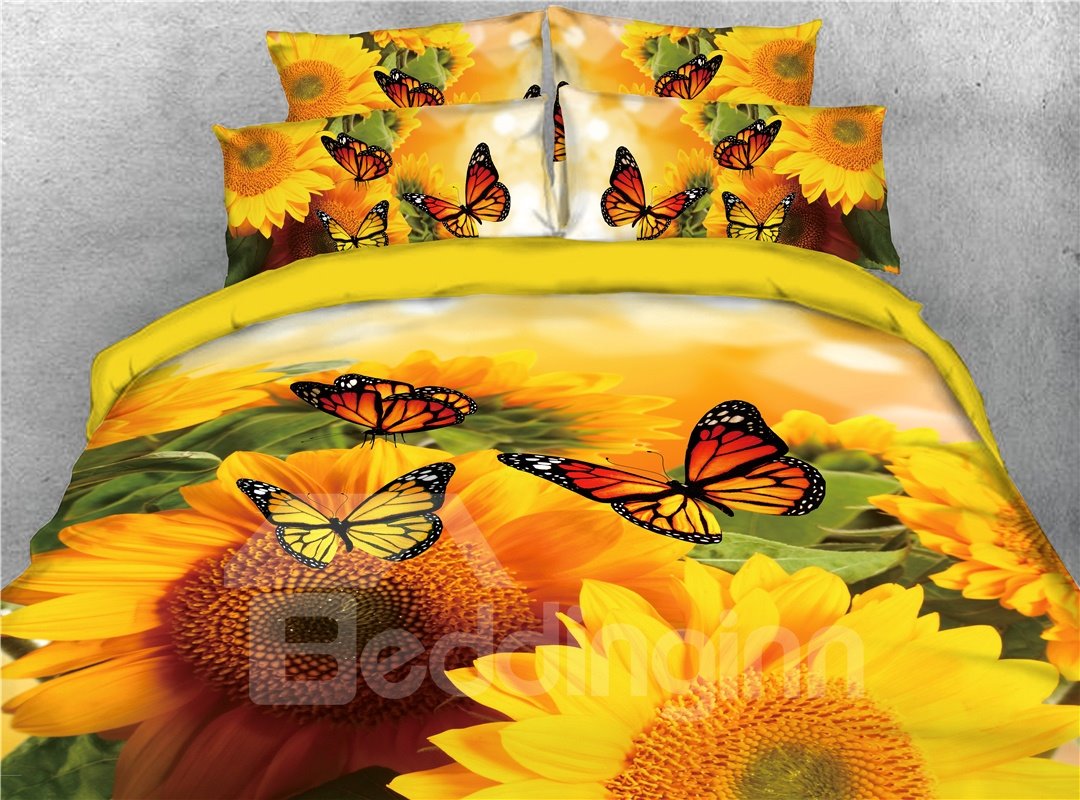 4-teiliges gelbes Bettwäsche-/Bettbezug-Set mit 3D-Sonnenblumen- und Schmetterlingsdruck 