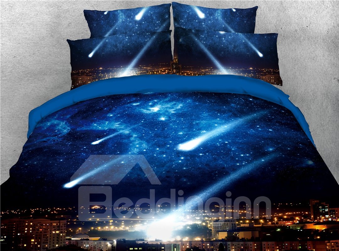 Falling Star 3D Blue Galaxy Bettwäsche-Set mit Reißverschluss, 4-teilig, farbecht, langlebig, hautfreundlich, Bettbezug mit Bändern