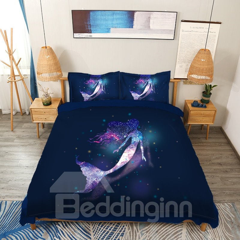 Galaxy Mermaid 3D-Tier-Bettbezug-Set, 4-teiliges Bettwäsche-Set, weich, leicht, Blau 
