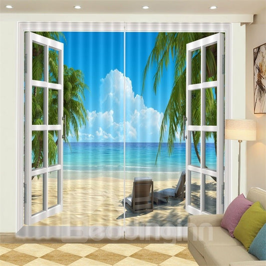 3D White Cloud Seaside Beach Blue Sky Printed Curtain