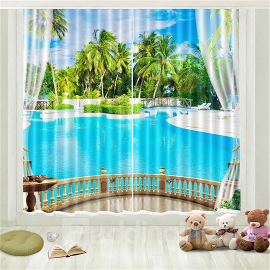 3D Tropical Travel Seaside Beach Room Darkening Curtains 2 Panel Set 87 Inches Wide and 84 Inches Physically Blocks Light Nicely Prevents UV Ray Provides a Cool Summer Life