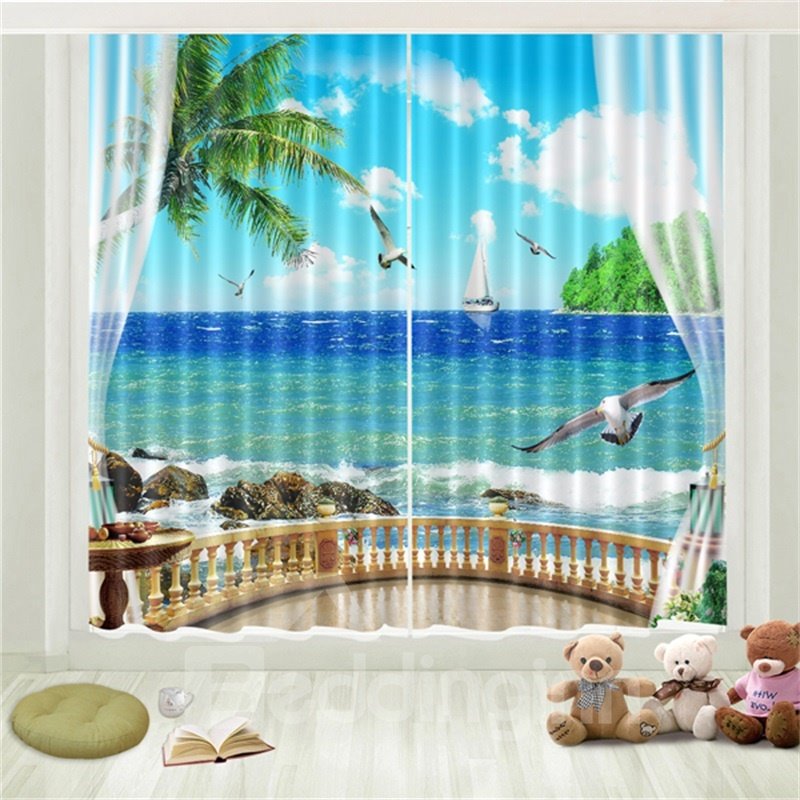 3D Tropical Sea Gull Seaside Beach Blue Sky White Cloud Printed Curtain