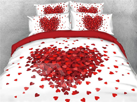 Forma de corazón rojo Impreso Romántico Juego de cama 3D de 4 piezas / Juego de funda nórdica Regalo de San Valentín 