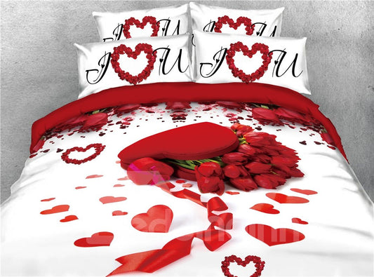 Romantic Red Rose and Heart Shape Printed 4-Piece 3D Floral Bedding Set Colorfast Zipper Duvet Cover Valentine Gift