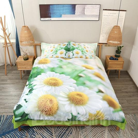 Weißes Gänseblümchenfeld, frische Blumen, bedruckt, 4-teilig, 3D-Bettwäsche-Sets/Bettbezüge, Grün 