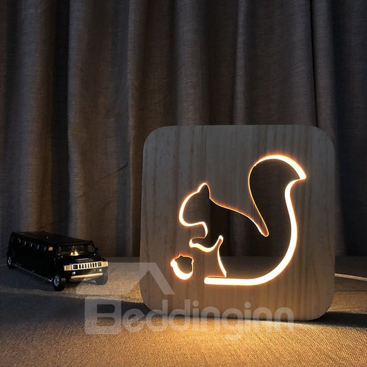 Luz de diseño de patrón de ardilla creativa de madera natural para niños