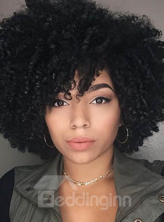 Kinky Curly Natural Black Loose Medium Layered Synthetic Hair African American For Black Women Wigs