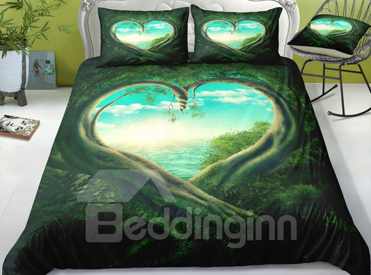 Green Tree Heart Shaped and Blue Sky Printed 3-Piece 3D Bedding Sets/ Duvet Covers