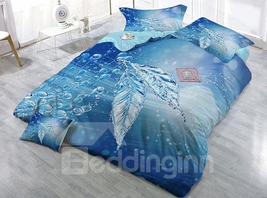 Blue Water Leaves Wear-resistant Breathable High Quality 60s Cotton 4-Piece 3D Bedding Sets