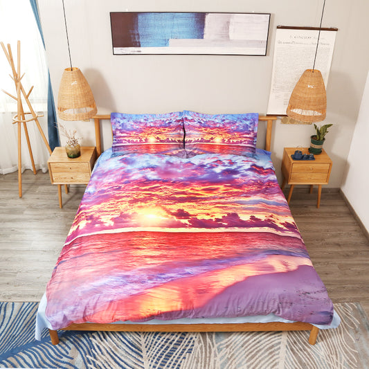 Himmel, Wolken und Sonnenuntergang, Meer, bedrucktes 4-teiliges 3D-Landschafts-Bettwäsche-Set/Bettbezug-Set, verschleißfest, langlebig, hautfreundlich 