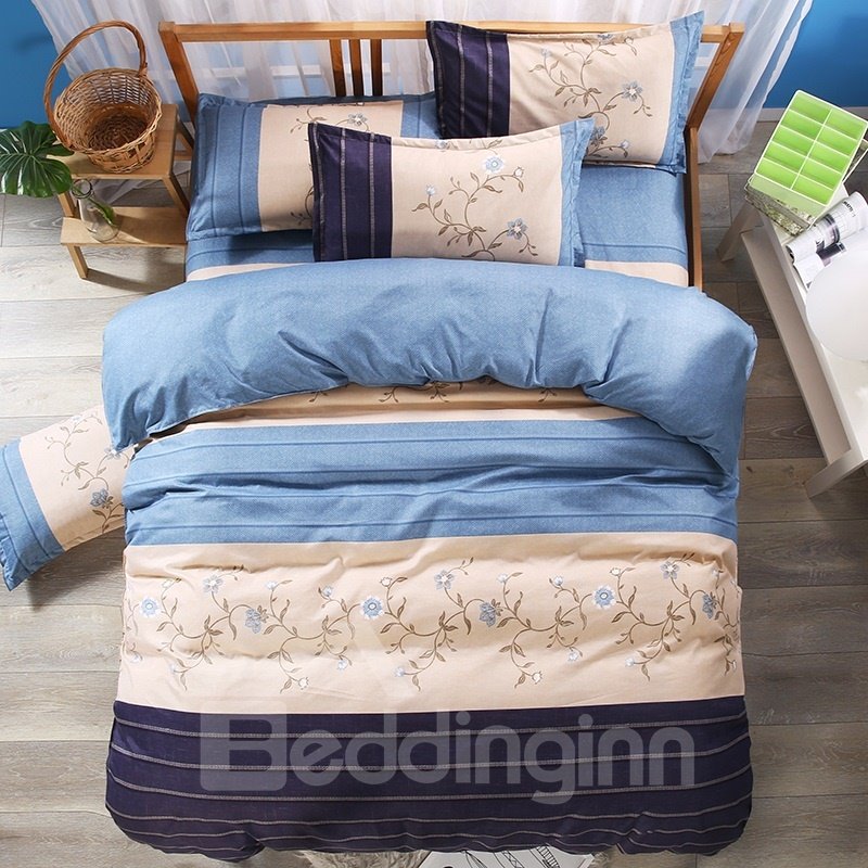 3-teilige Bettwäsche-Sets/Bettbezüge aus blauem Polyester mit Blumen- und geometrischem Muster