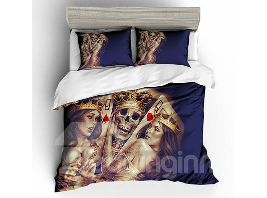 Skull King and Beauty Queen Printed Polyester 3-Piece 3D Bedding Sets/ Duvet Covers