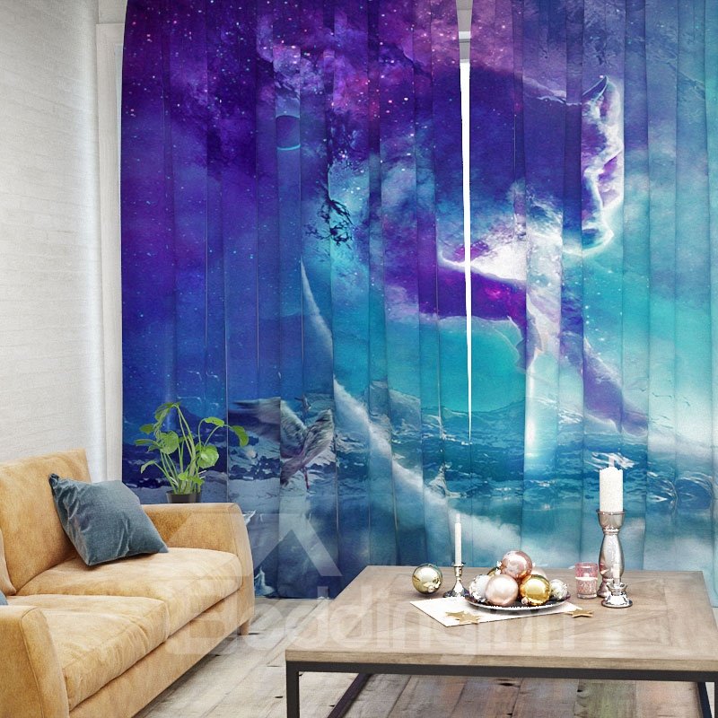 3D Blue Sea Starry Sky and Fox Pattern Printed Curtain