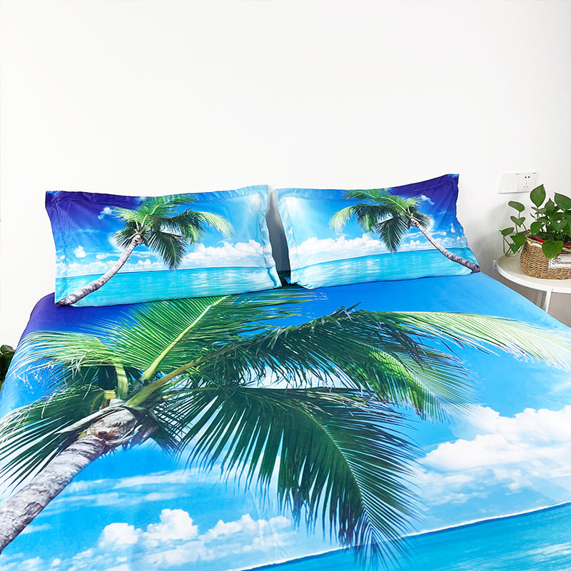 Coastal Beach Bedding Set, Palm Tree Blue Sea  4-Piece 3D Scenery Print Duvet Cover Set Microfiber with Flat Sheet 2 Pillowcases