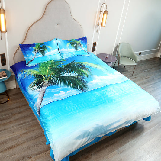 Juego de cama/funda nórdica con paisaje 3D de 4 piezas con hojas de palmera y playa azul del mar, microfibra 