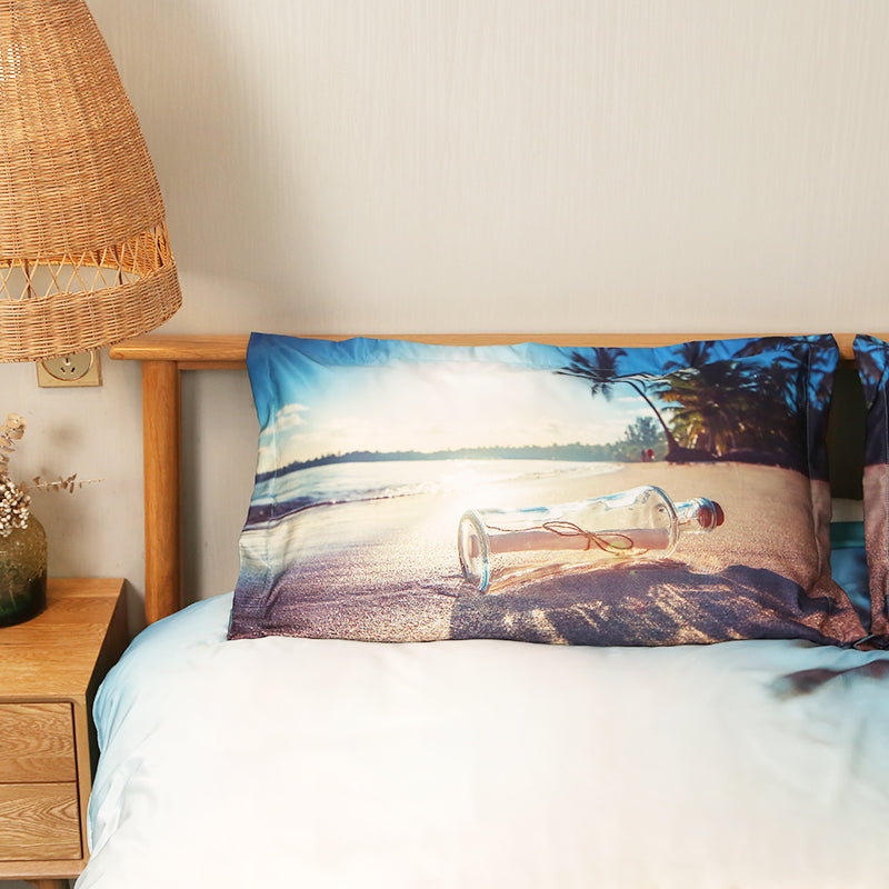 4-teiliges Bettbezug-Set/Bettwäsche-Set mit Strand-Sonnenlicht und Treibflasche, bedruckt mit 3D-Meereslandschaft