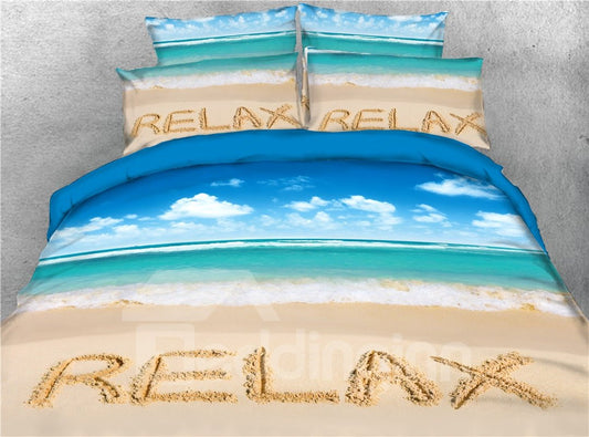 Juego de funda nórdica/juego de cama 3D de 4 piezas con estampado relajante de playa y mar azul 