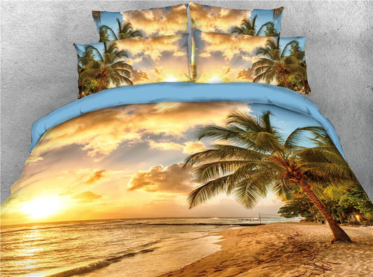 Palm Tree and Beach Seaside Printed 4-Piece 3D Scenery Bedding Set Sea and Sunset Print Duvet Cover Set Microfiber