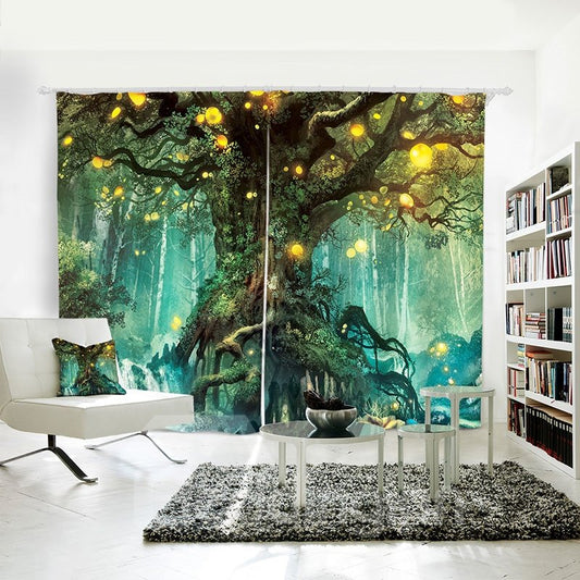 3D-gedruckte Fenstervorhänge, Motiv: Fee, Fantasie, großer Baum, dekorativ, verdunkelnd, individuell, 2 Bahnen, Vorhänge, kein Pilling, kein Ausbleichen, kein Abstreifen 