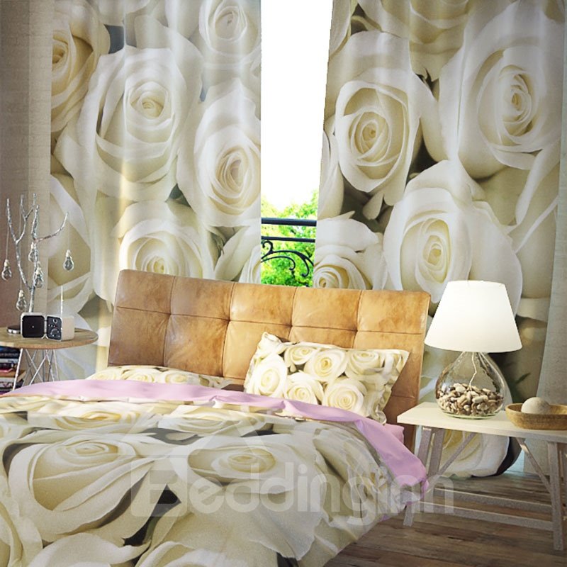 3D Blackout Romantic White Rose Pattern Printing Curtain