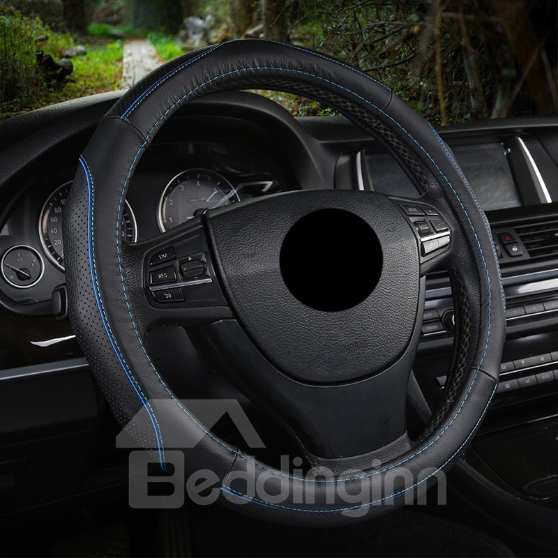 Leather Material Color Block All Seasons Business Style Steering Wheel Cover