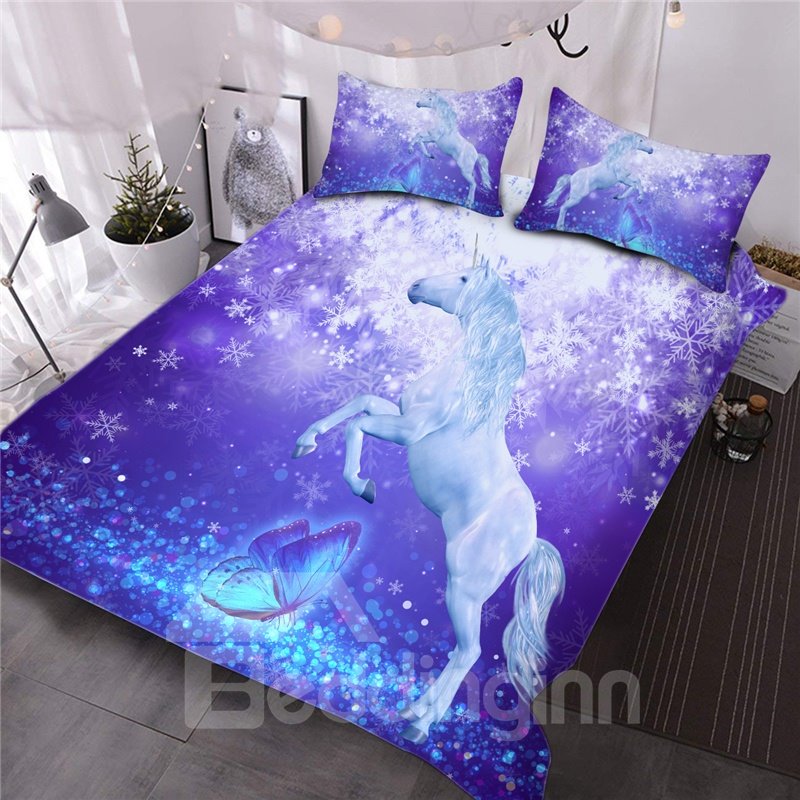 3D Unicorn and Butterfly Print 3-Piece Comforter Set/Bedding Set Purple
