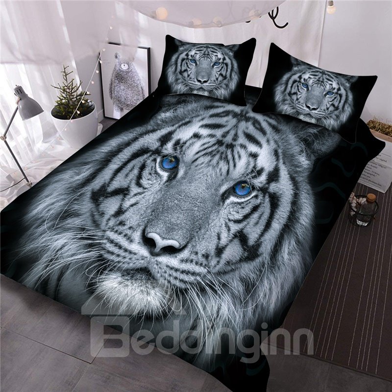 Tiger mit blauen Augen, bedrucktes 3-teiliges Tier-3D-Bettdecken-Set/Bettwäsche-Set, lichtbeständige Mikrofaser, Queen-Size-Größe