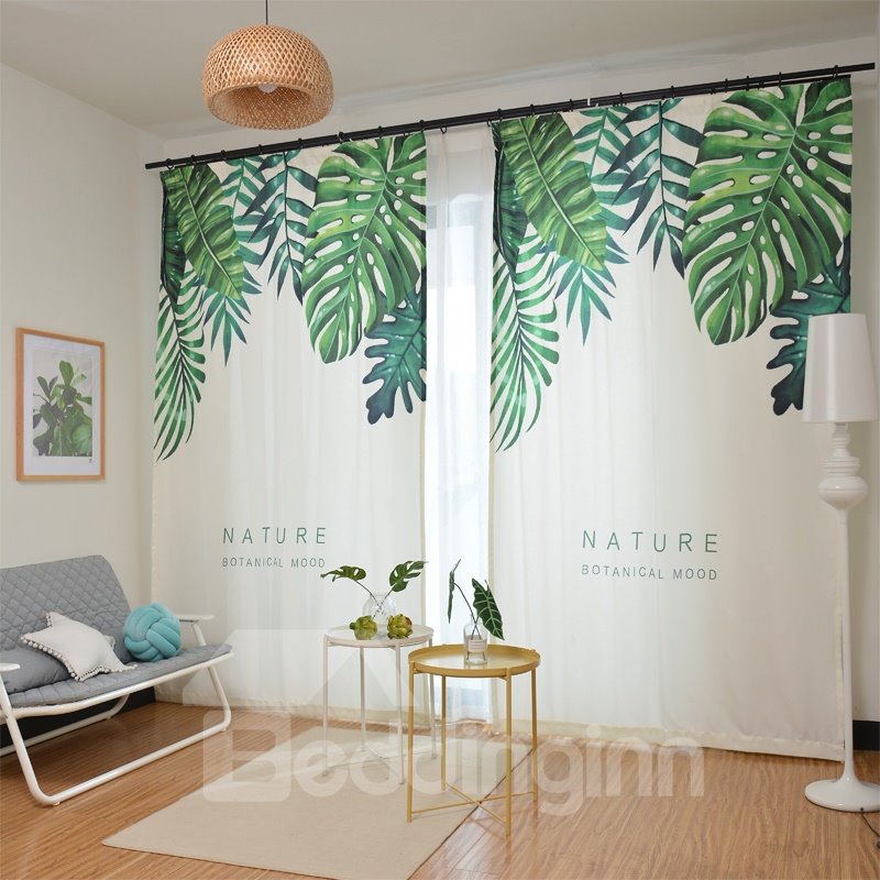 Waterproof Green Exotic Monstera Leaves Polyester Fabric Curtain