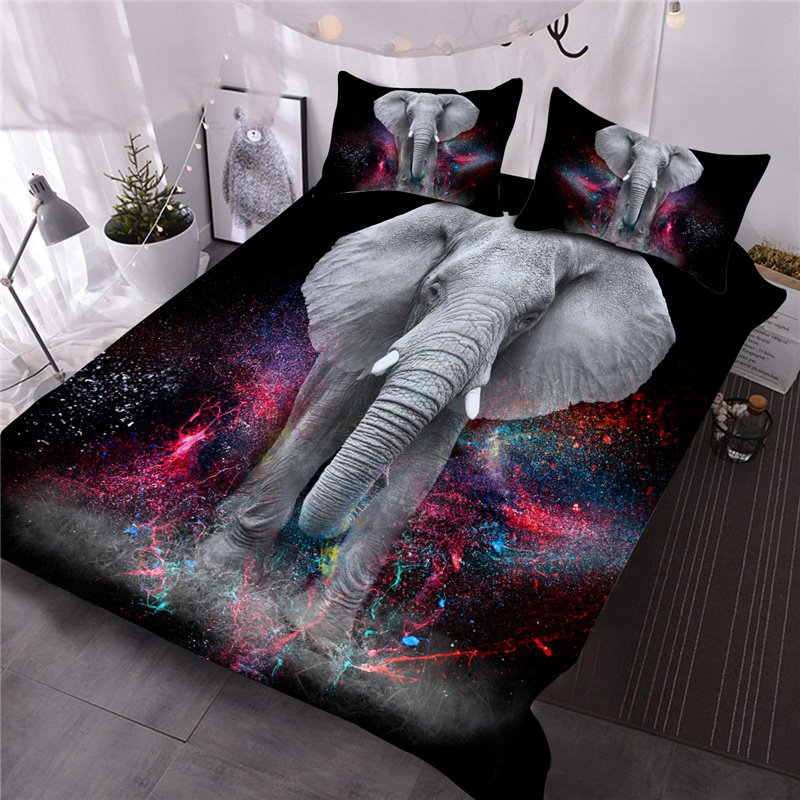Elefant und Galaxie, 3D-gedrucktes 3-teiliges Bettdecken-Set/Bettwäsche-Set, 1 Bettdecke, 2 Kissenbezüge, Queen-King-Size-Größen 