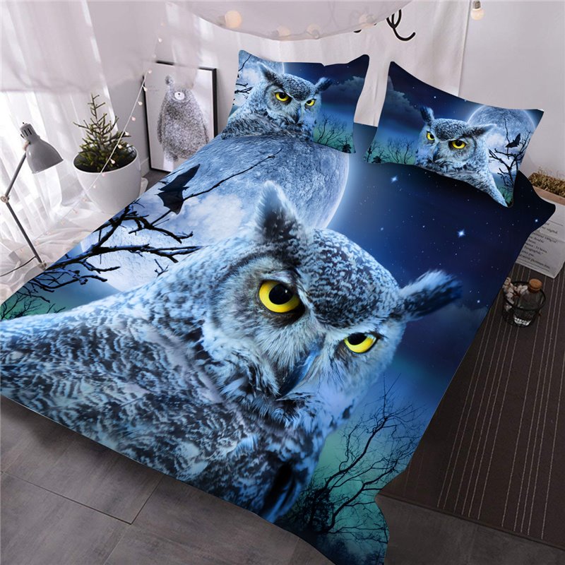 Owl Face with Full Moon Printed 3-Piece 3D Comforter Set/Bedding Set 1 Comforter 2 Pillowcases Full Queen King Sizes