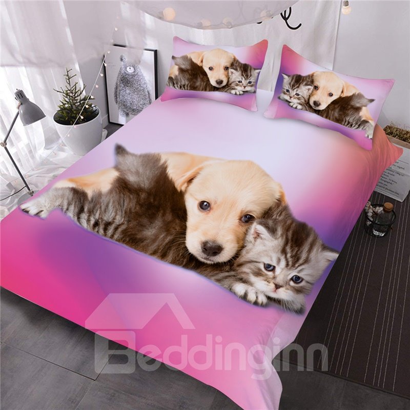 Puppy and Cat Good Friends 3D Printed 3-Piece Comforter Set All-Season Ultra-soft No-fading Microfiber Pink