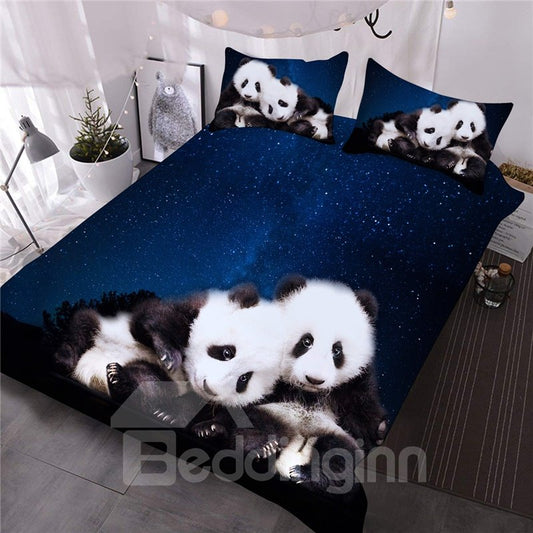 Bedrucktes 3-teiliges 3D-Bettdecken-Set/Bettwäsche-Set mit Panda und blauer Galaxie, 1 Bettdecke, 2 Kissenbezüge, Queen-Size-Größen 