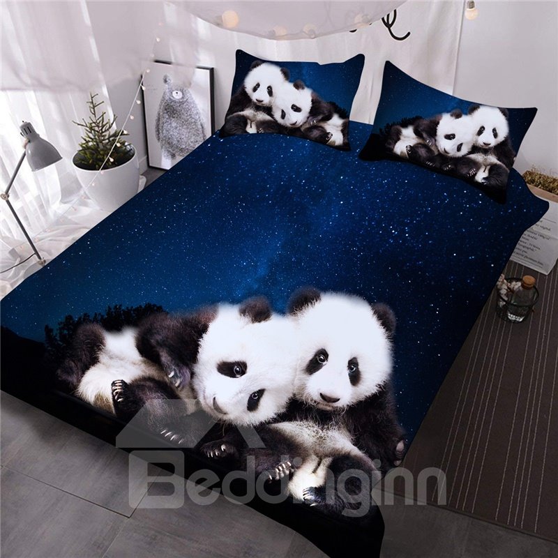 Juego de edredón/juego de cama 3D con estampado de galaxia azul y Panda, 3 piezas, 1 edredón y 2 fundas de almohada, tamaños Queen King 