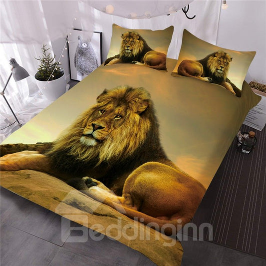 Löwe entspannt auf Felsen, afrikanische Safari 3D, 3-teiliges Bettdecken-Set/Bettwäsche-Set, Mikrofaser 