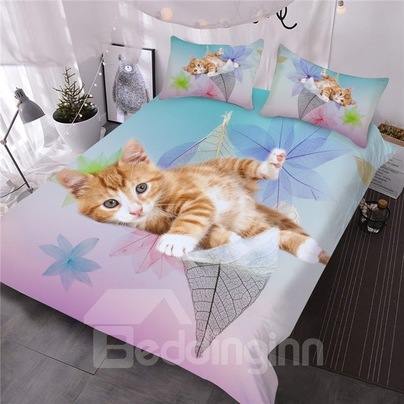 Kitten on the Leaves Printed 3D 3-Piece Comforter Set Cute Cat Bedding Microfiber 1 Comforter 2 Pillowcases Twin Full Queen King Sizes