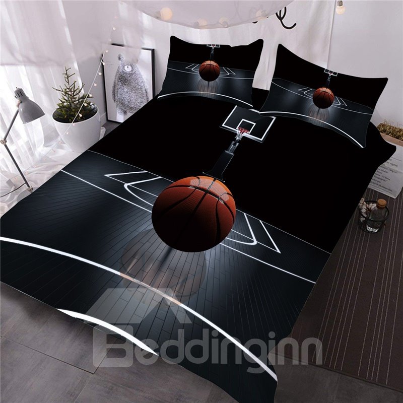 3D Basketball Sporty Bedding 3-Piece Black 3D Comforter Sets with 2 Pillow Shams Machine Washable Microfiber Comforter