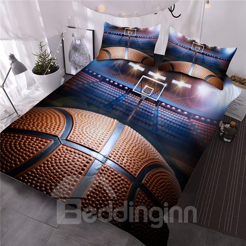 Basketball Court 3D Printed 3-Piece Sporty Comforter Set/Bedding Set For Boys Ligntweight No-fading Comforter for All Seasons