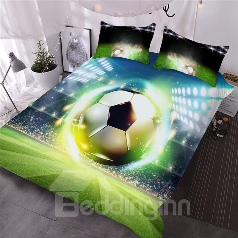 Fußball mit Stadion 3D-gedrucktes 3-teiliges Bettdeckenset Ultraweiches grünes Bettwäscheset 