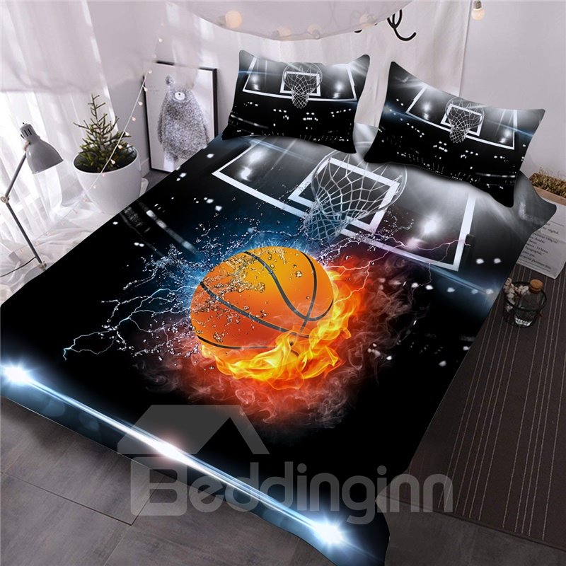 Basketball-Ball in Feuer und Wasser, 3D-gedrucktes 3-teiliges Bettdecken-Set/Bettwäsche-Set, leichte warme Bettdecke 
