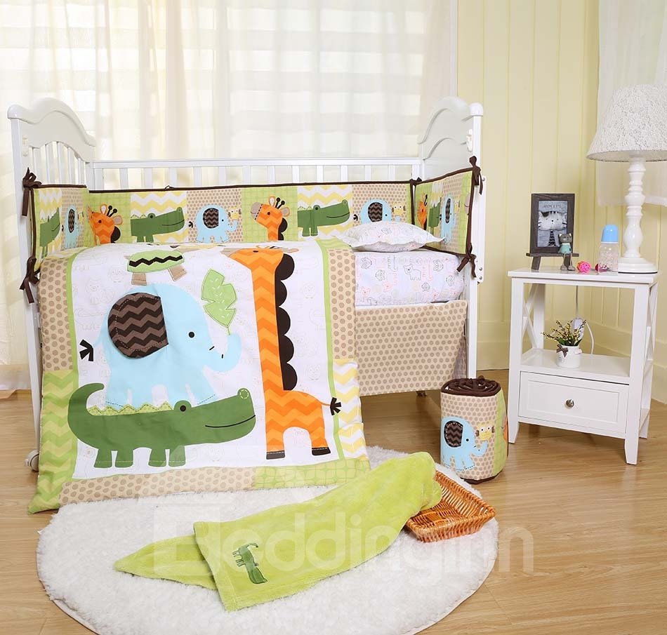 Cartoon Crocodile Giraffe Animal Printed 6-Piece Baby Nursery Crib Bedding Sets