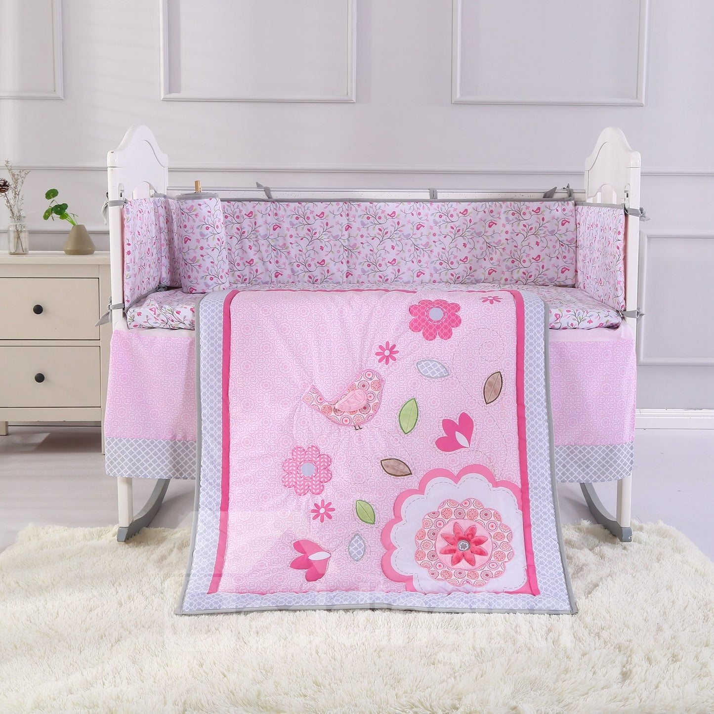 Juego de cama para cuna de bebé, 4 piezas, color rosa, estampado de pájaros y flores