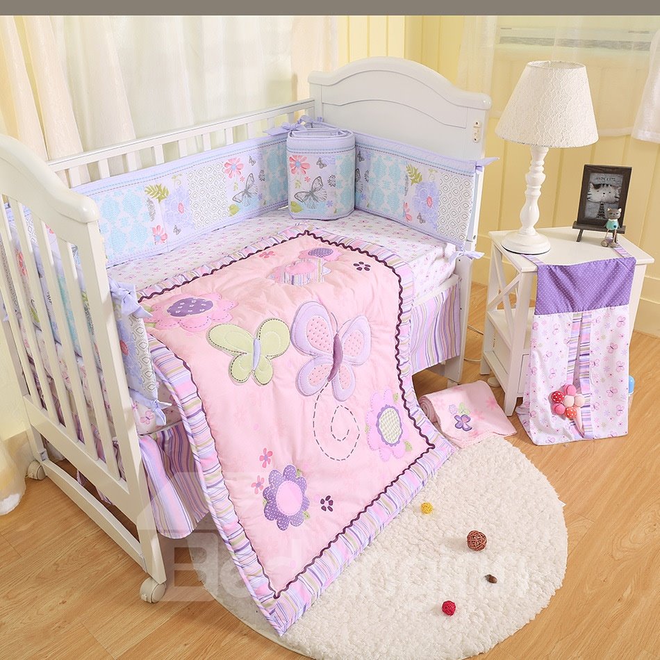 Purple Butterfly Printed 6-Piece Baby Nursery Crib Bedding Set
