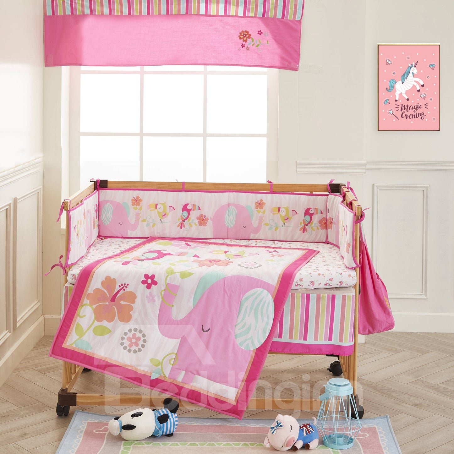 6-teilige Bettwäsche-Sets für Babybetten in Rosa mit Elefanten- und Blumenmuster