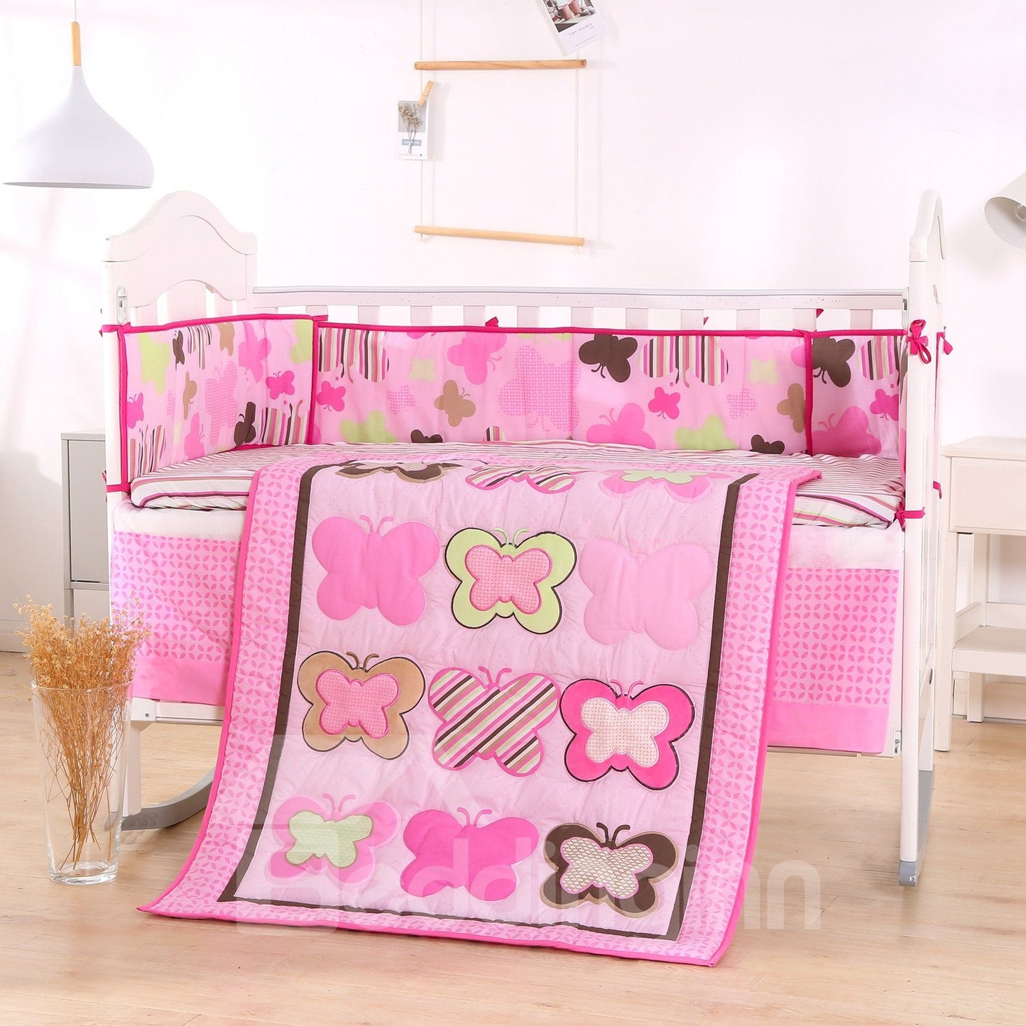 Juegos de cama para cuna de 4 piezas, color rosa dulce, prado de mariposas