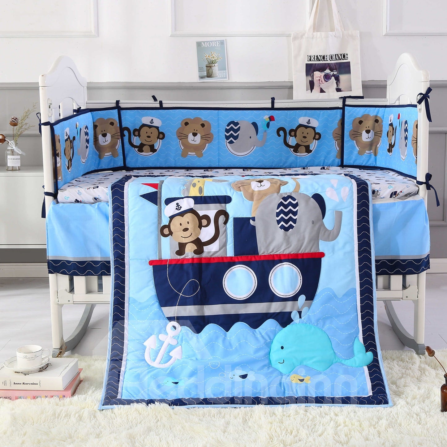Juegos de cama de cuna de 4 piezas con estampado de animales, mono y elefante, color azul
