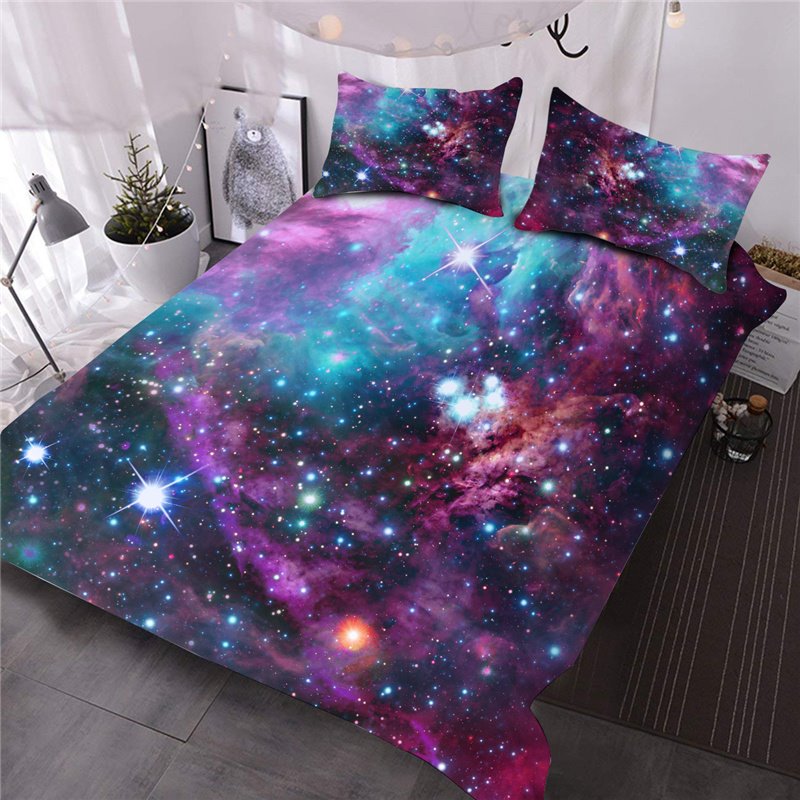 3-teiliges Bettdecken-Set/Bettwäsche-Set, 3D-Sternen-Lila-Galaxie-Weltraum, lichtecht, leicht, warm, für alle Jahreszeiten 