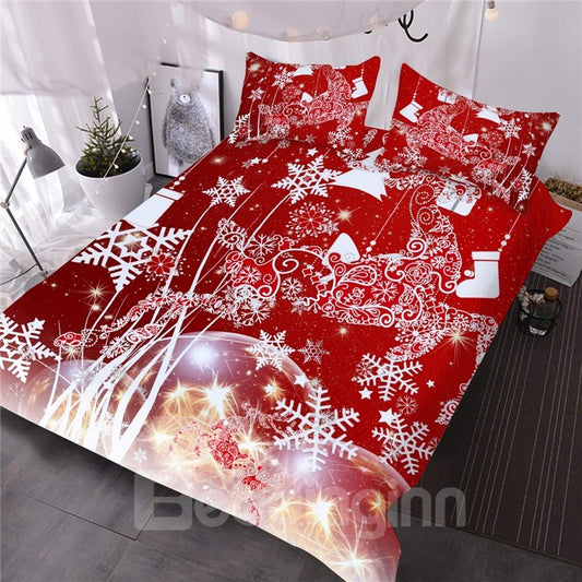 Christmas Reindeer and Snowflake Printed 3D 3-Piece Red Comforter Sets