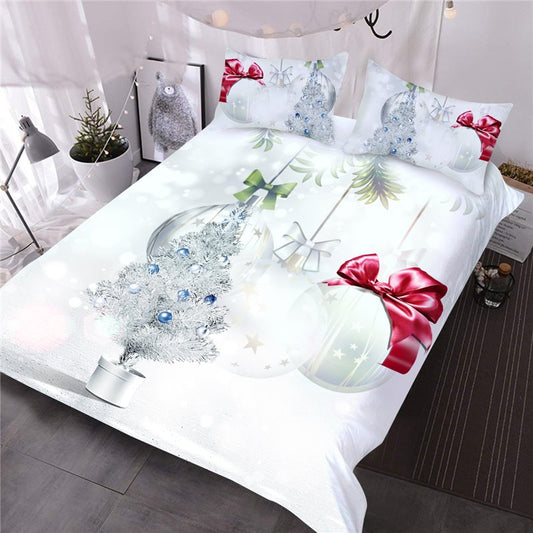 Silvery Christmas Tree and Ornaments Printed 3-Piece 3D Comforter Set/Bedding Set