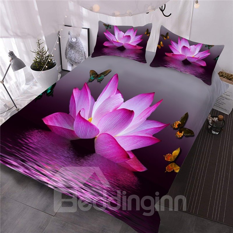 Pink Lotus and Butterfly 3D Comforter Set 3 Pieces Bedding Set Microfiber Lightweight No-Fading Comforter with 2 Pillowcases
